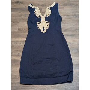 Lilly Janice Shift Sheath Dress Gold Embellished V Neck Size 6 Navy READ